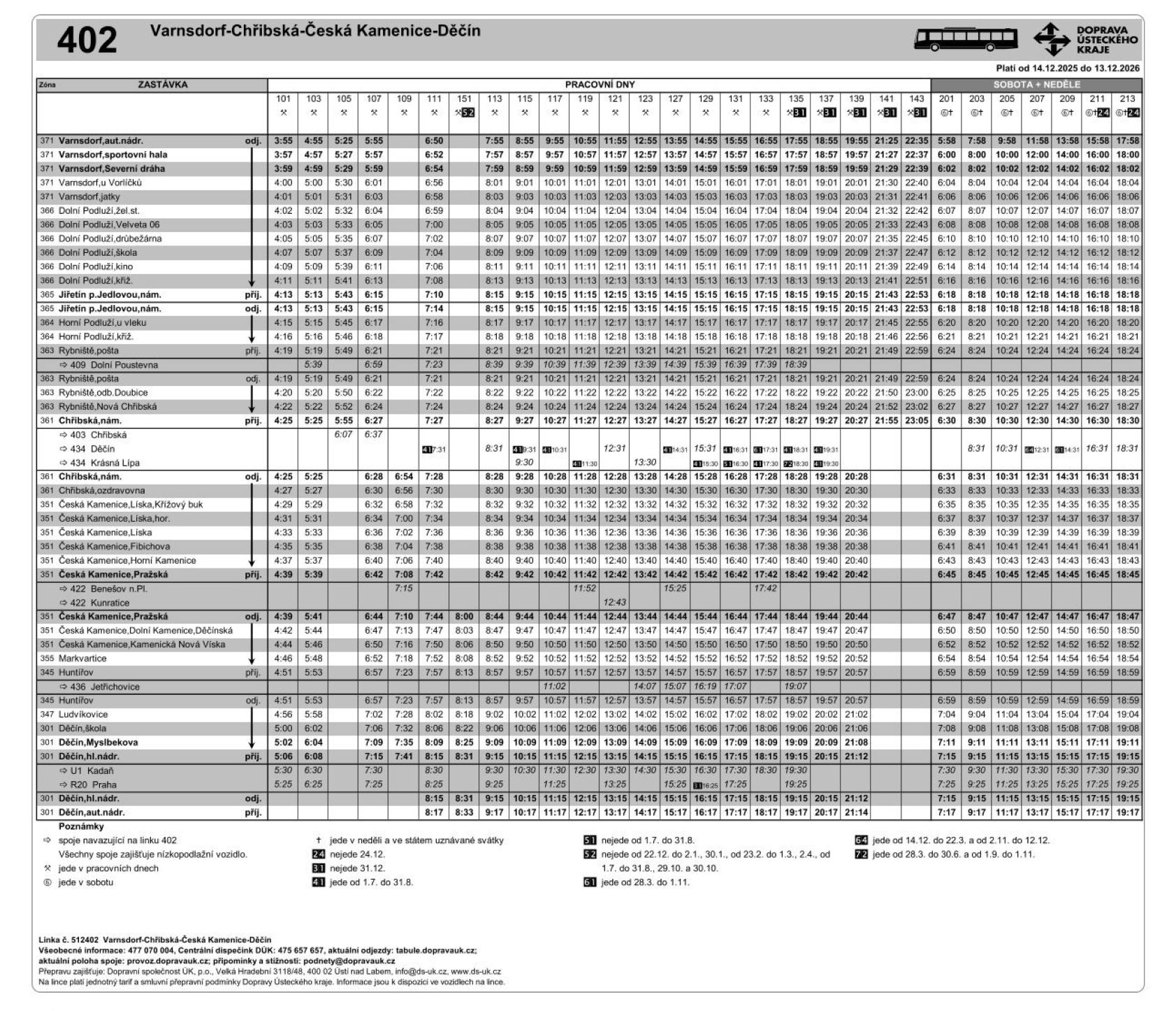 PNG: Jízdní řád linky 402 Varnsdorf - Chřibská - Česká Kamenice - Děčín a zpět