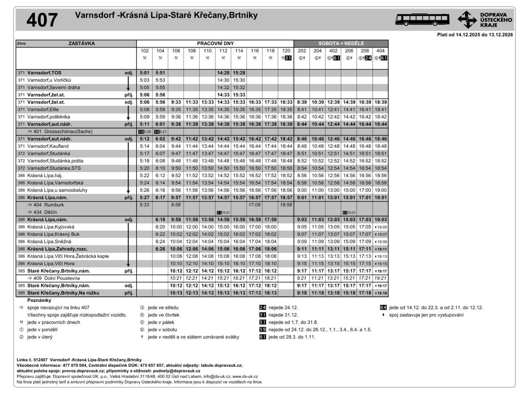 PNG: Jízdní řád linky 407 Staré Křečany,Brtníky - Krásná Lípa - Varnsdorf a zpět