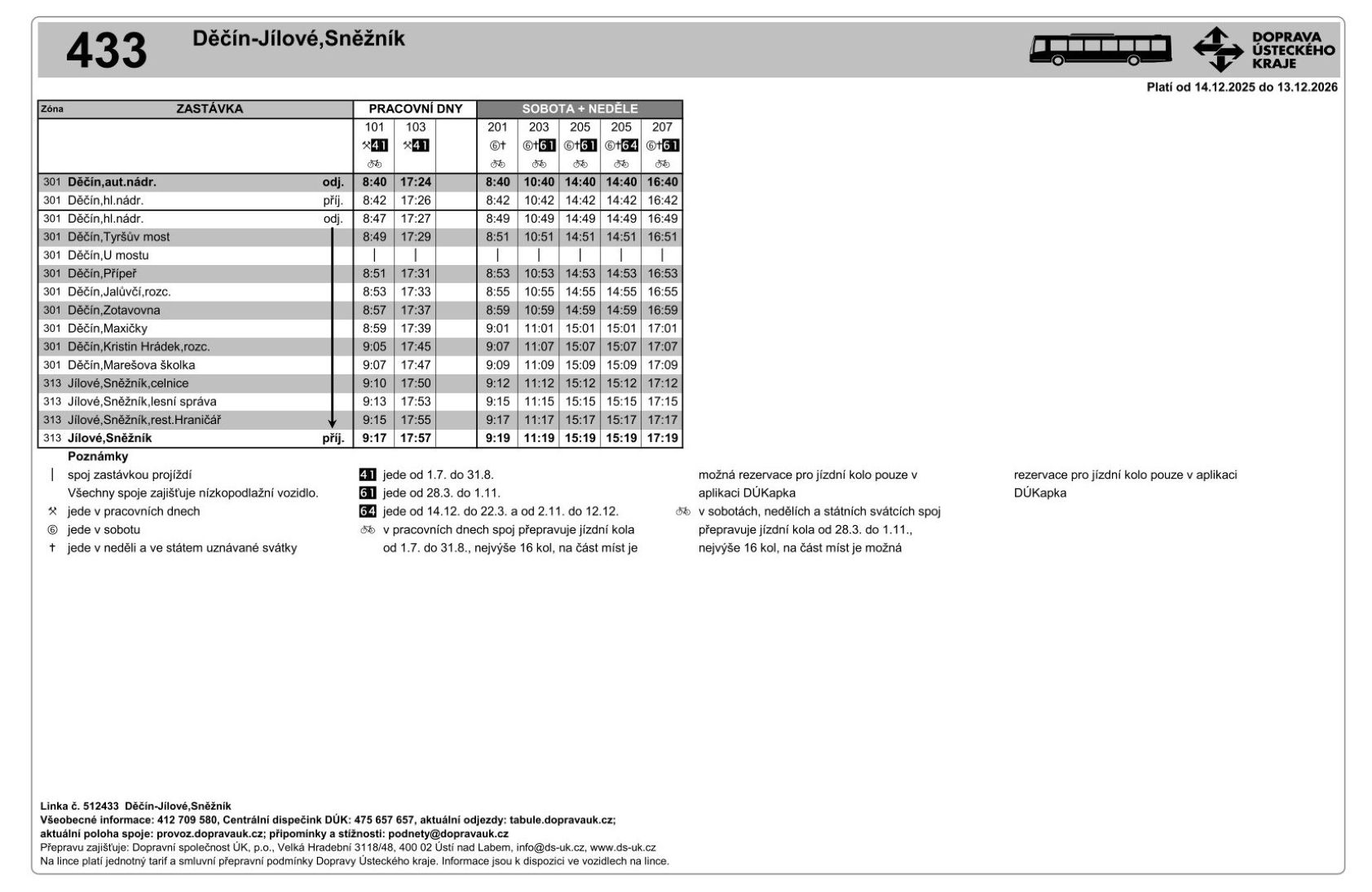 PNG: Jízdní řád linky 433 Děčín - Jílové,Sněžník a zpět