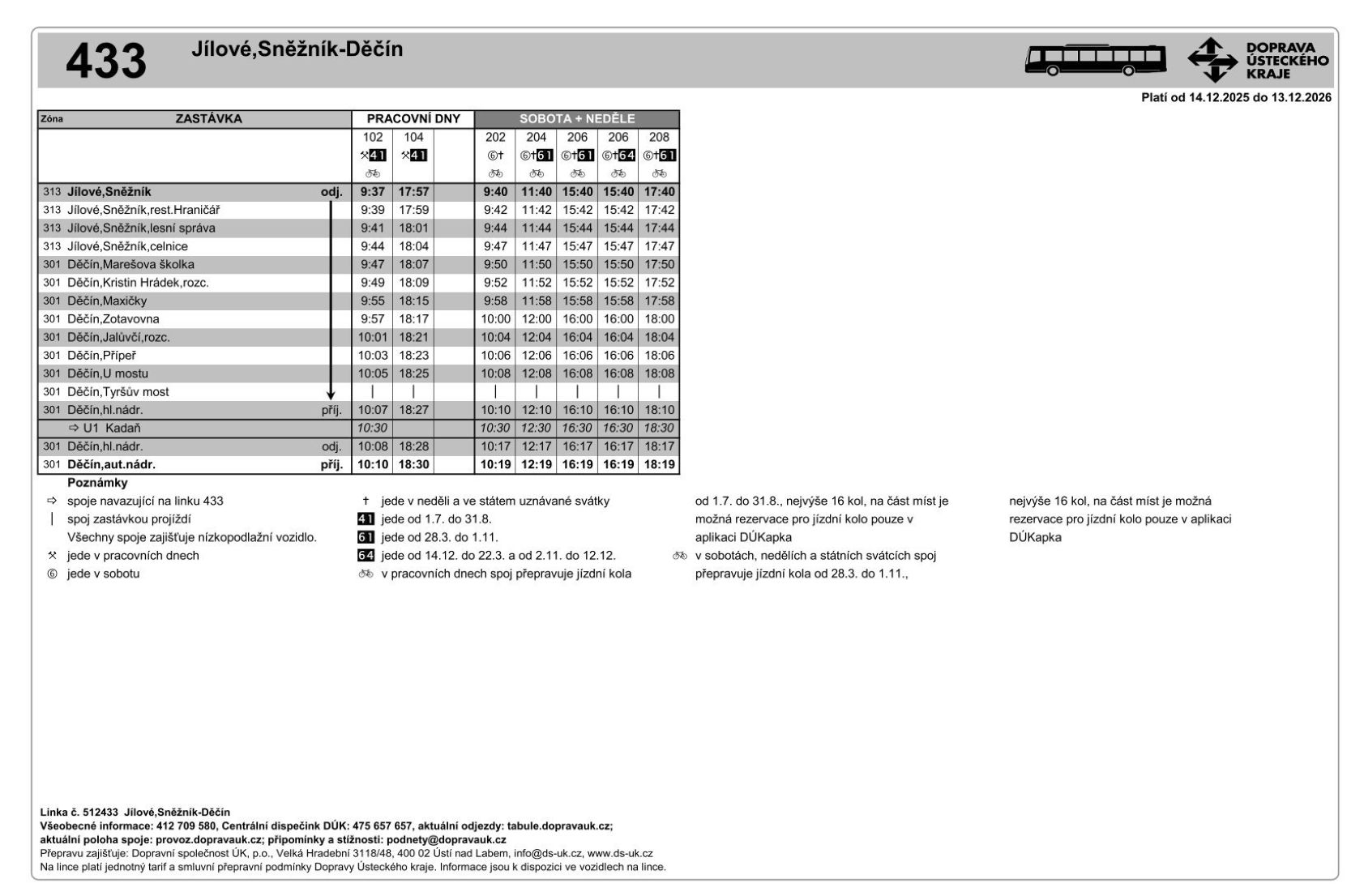 PNG: Jízdní řád linky 433 Děčín - Jílové,Sněžník a zpět
