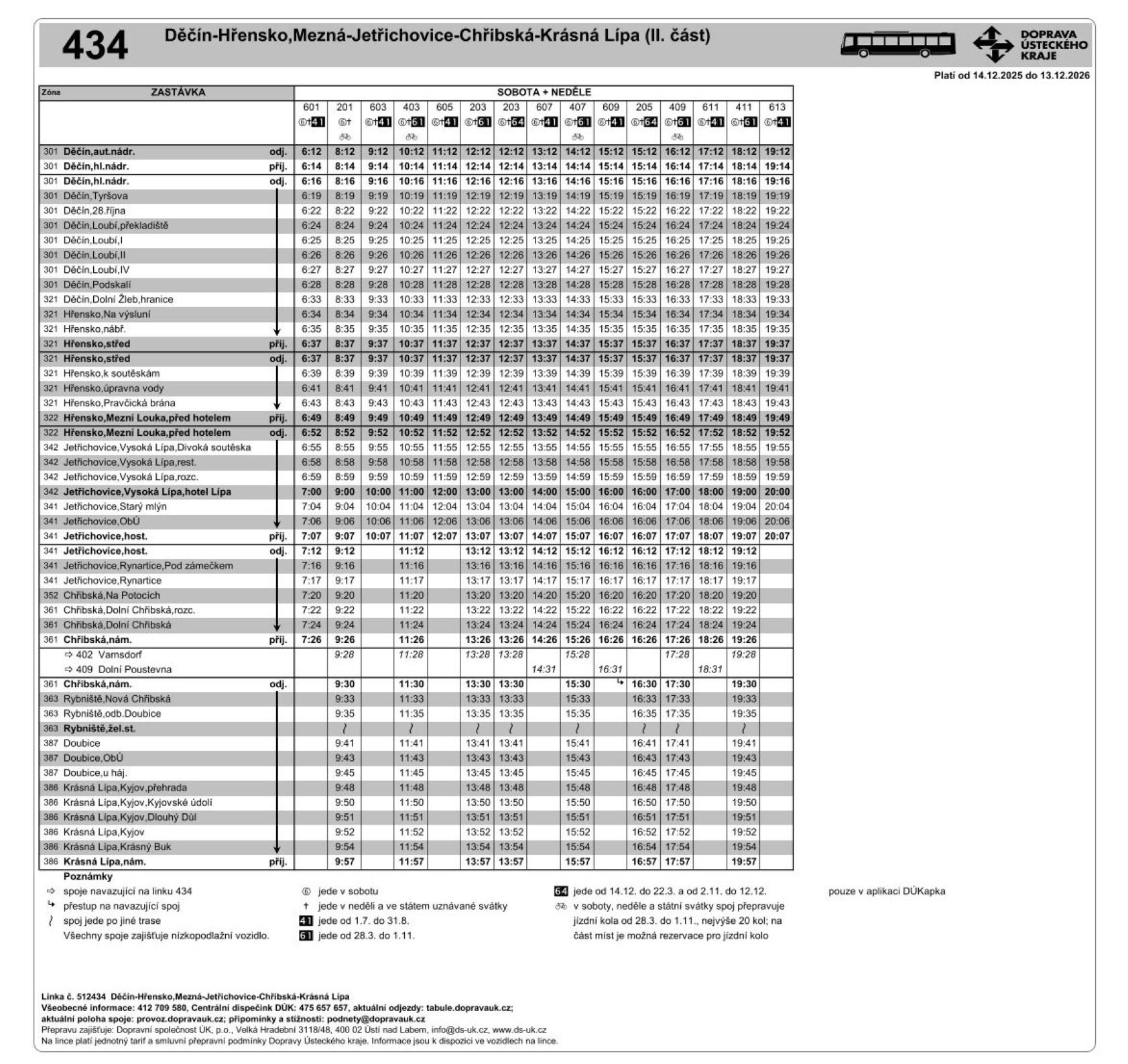 PNG: Jízdní řád linky 434 Krásná Lípa - Chřibská - Jetřichovice - Hřensko,Mezná - Děčín