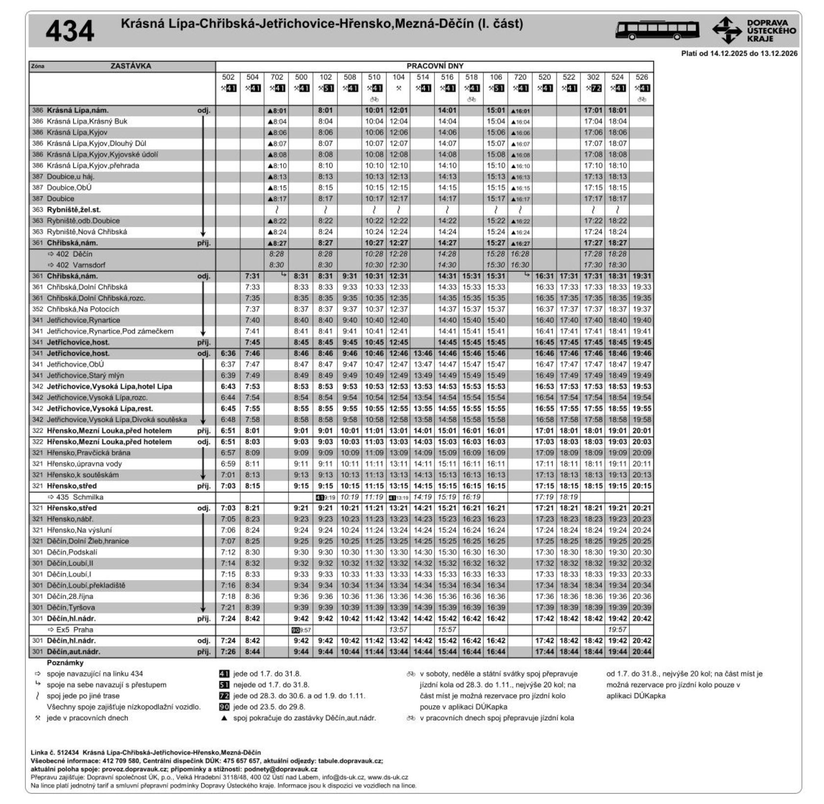 PNG: Jízdní řád linky 434 Krásná Lípa - Chřibská - Jetřichovice - Hřensko,Mezná - Děčín