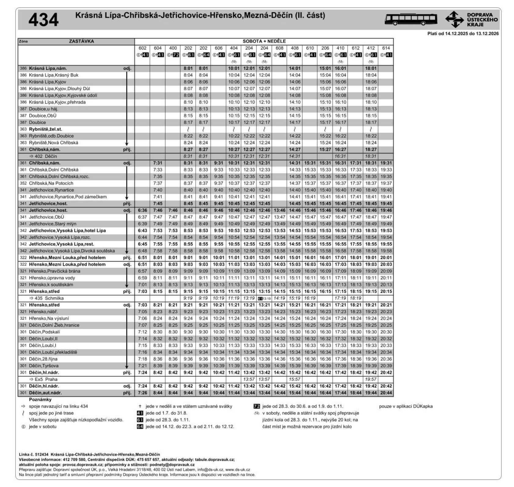 PNG: Jízdní řád linky 434 Krásná Lípa - Chřibská - Jetřichovice - Hřensko,Mezná - Děčín