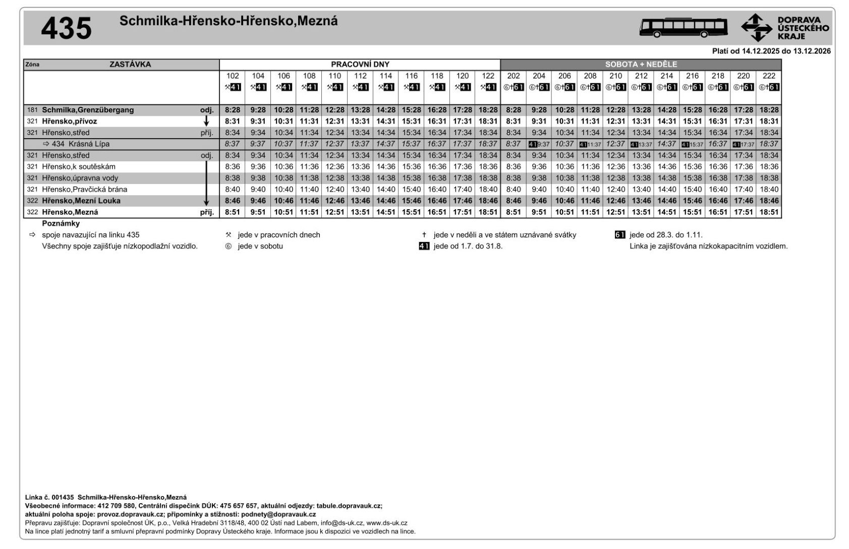PNG: Jízdní řád linky 435 Hřensko,Mezná - Hřensko - Schmilka a zpět