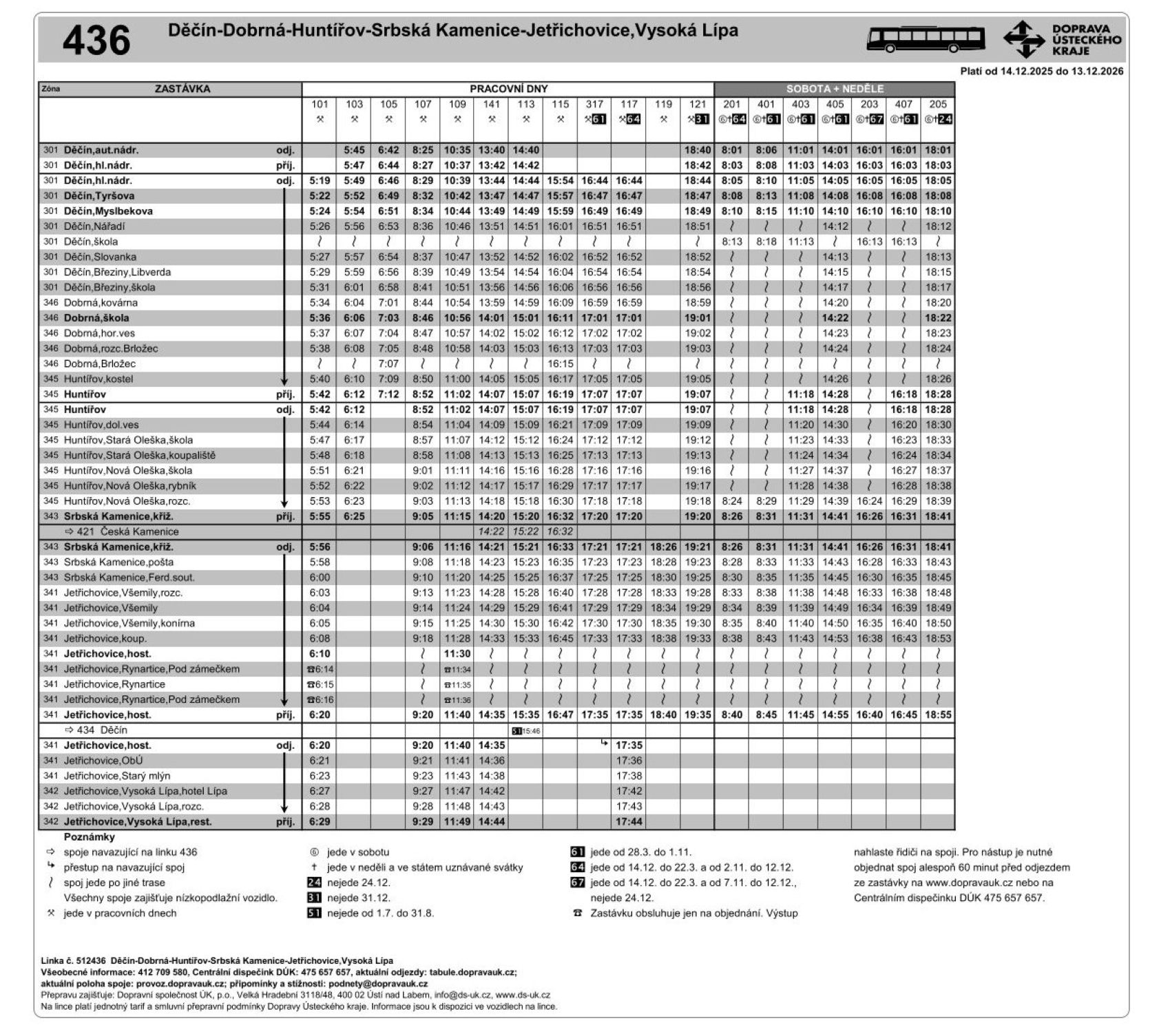 PNG: Jízdní řád linky 436 Děčín - Dobrná - Huntířov - Srbská Kamenice - Jetřichovice,Vysoká Lípa a zpět