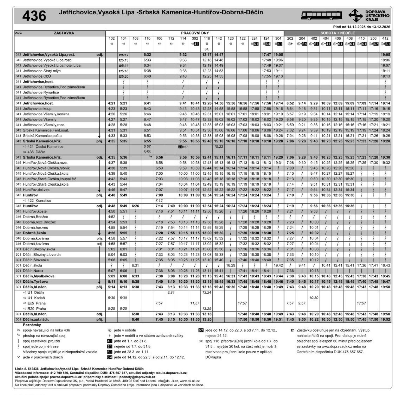 PNG: Jízdní řád linky 436 Děčín - Dobrná - Huntířov - Srbská Kamenice - Jetřichovice,Vysoká Lípa a zpět
