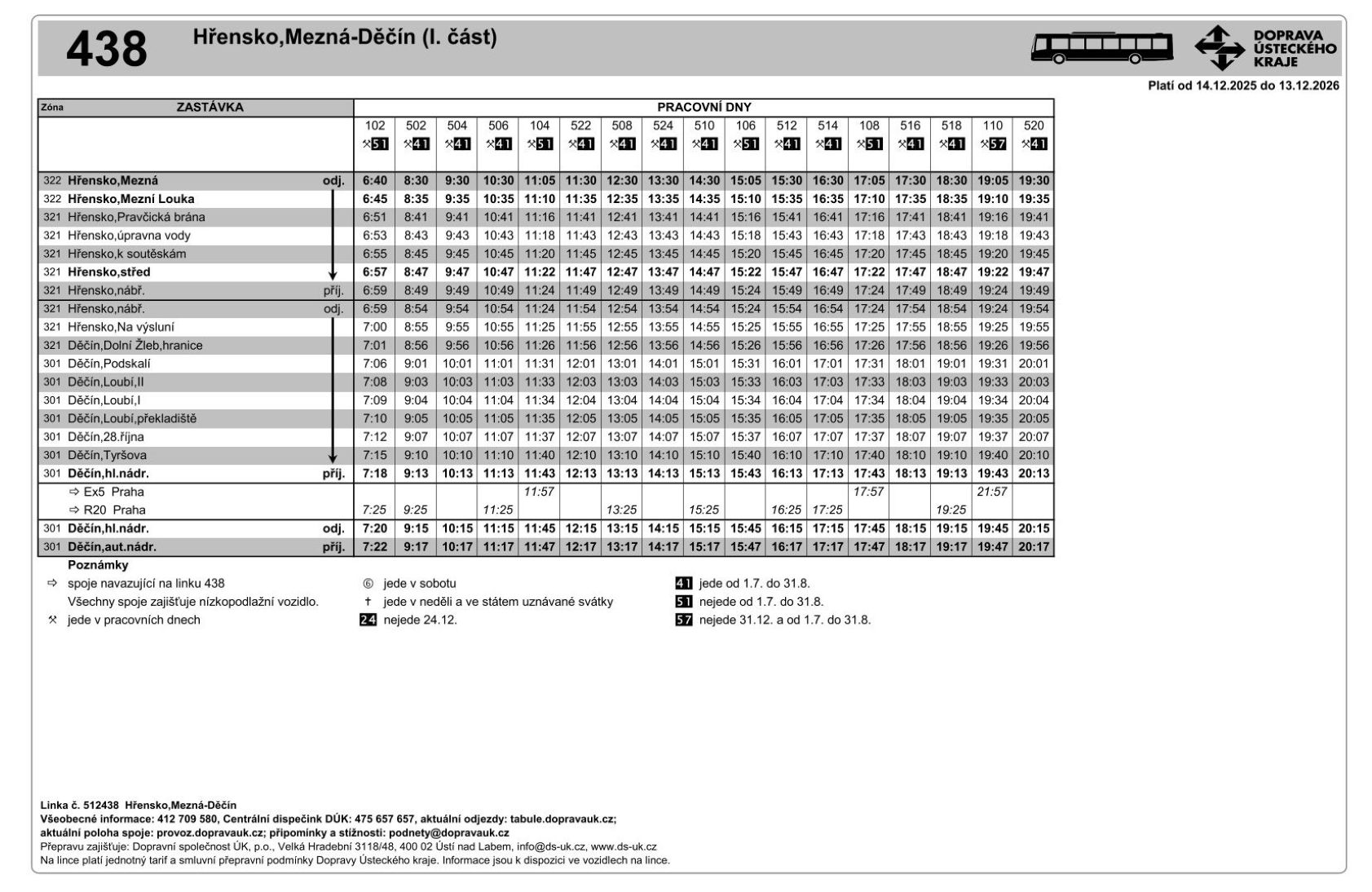 PNG: Jízdní řád linky 438 Hřensko,Mezná - Děčín