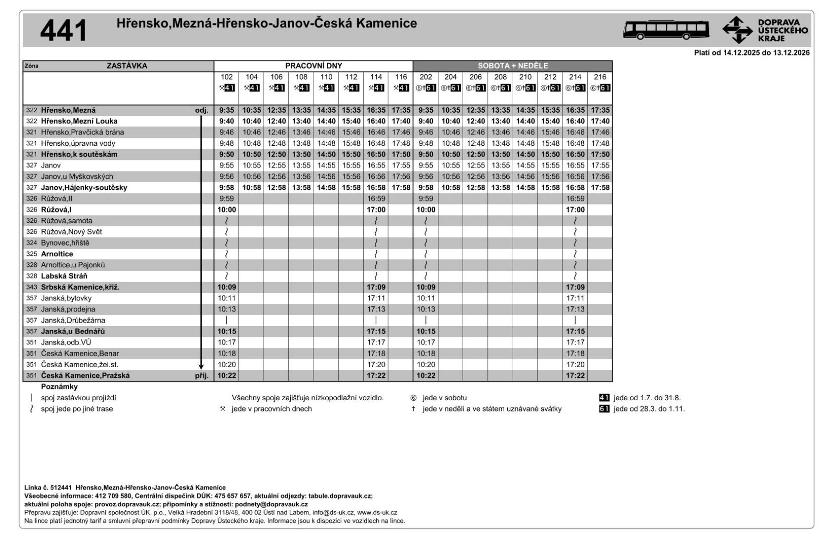 PNG: Jízdní řád linky 441 Česká Kamenice - Janov - Hřensko - Hřensko,Mezná a zpět