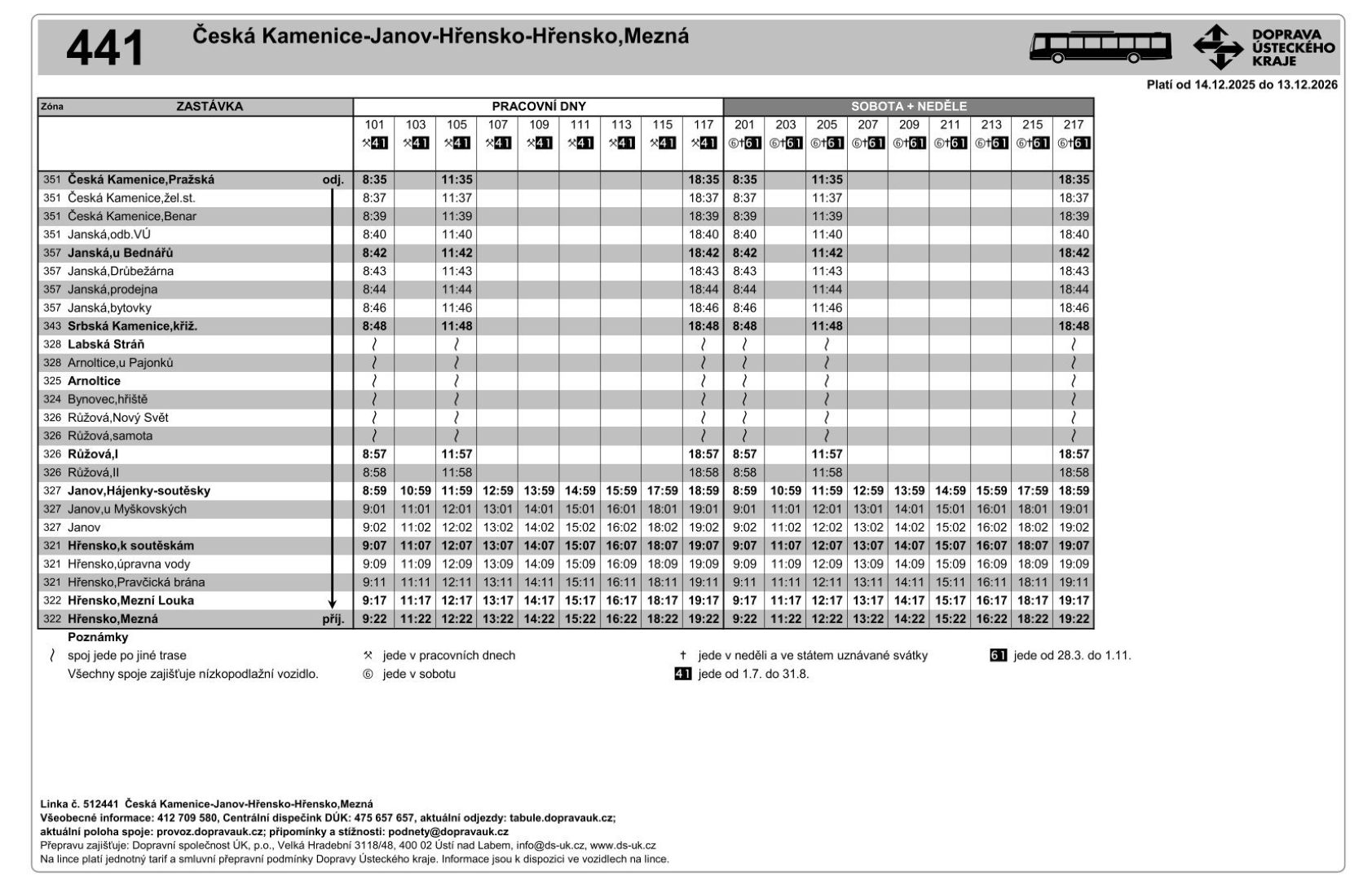 PNG: Jízdní řád linky 441 Česká Kamenice - Janov - Hřensko - Hřensko,Mezná a zpět