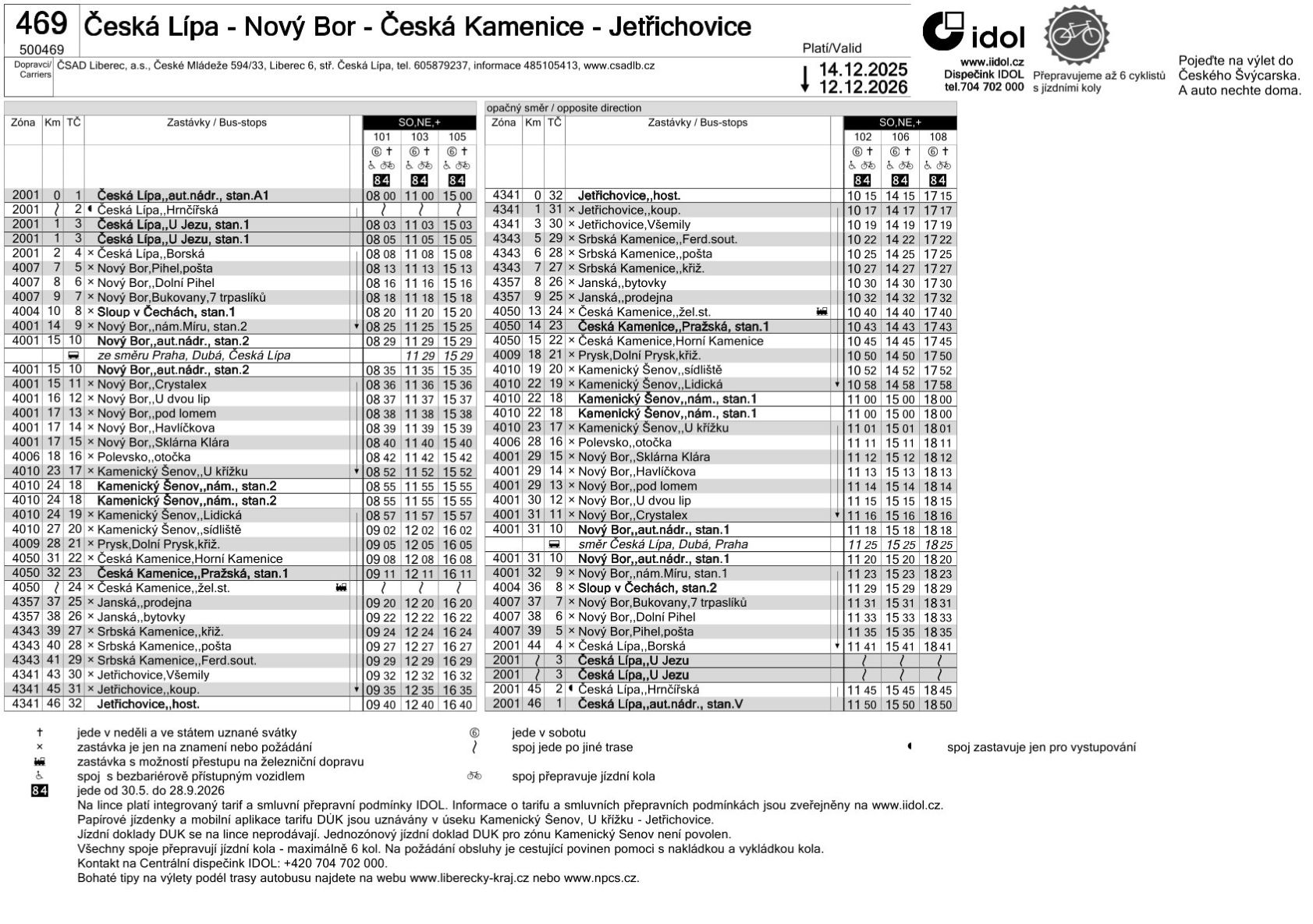 PNG: Jízdní řád linky 469 Česká Lípa - Nový Bor - Česká Kamenice - Jetřichovice a zpět