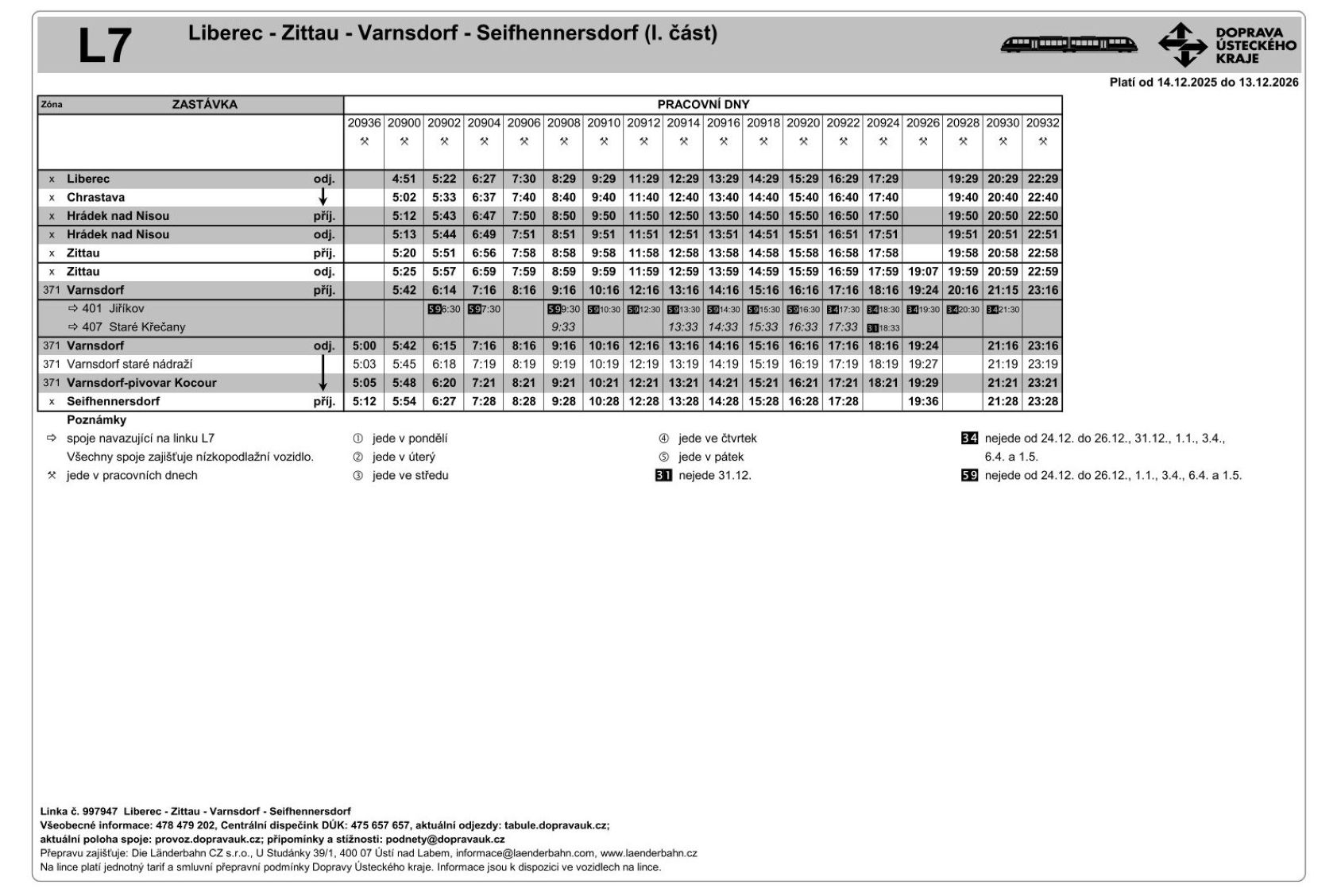 JPG: Jízdní řád linky L7 Liberec - Zittau - Varnsdorf - Seifhennersdorf
