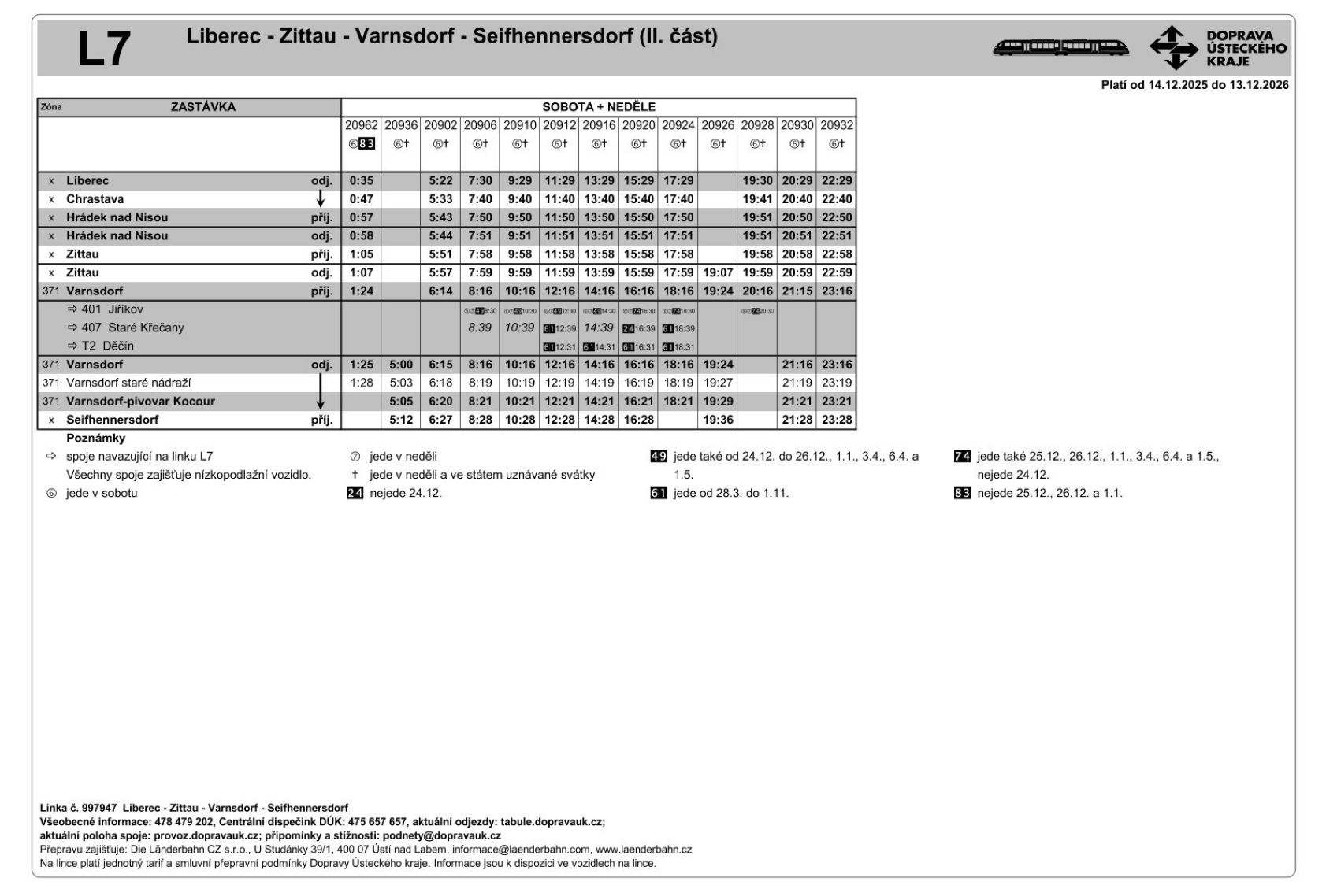 JPG: Jízdní řád linky L7 Seifhennersdorf - Varnsdorf - Zittau - Liberec