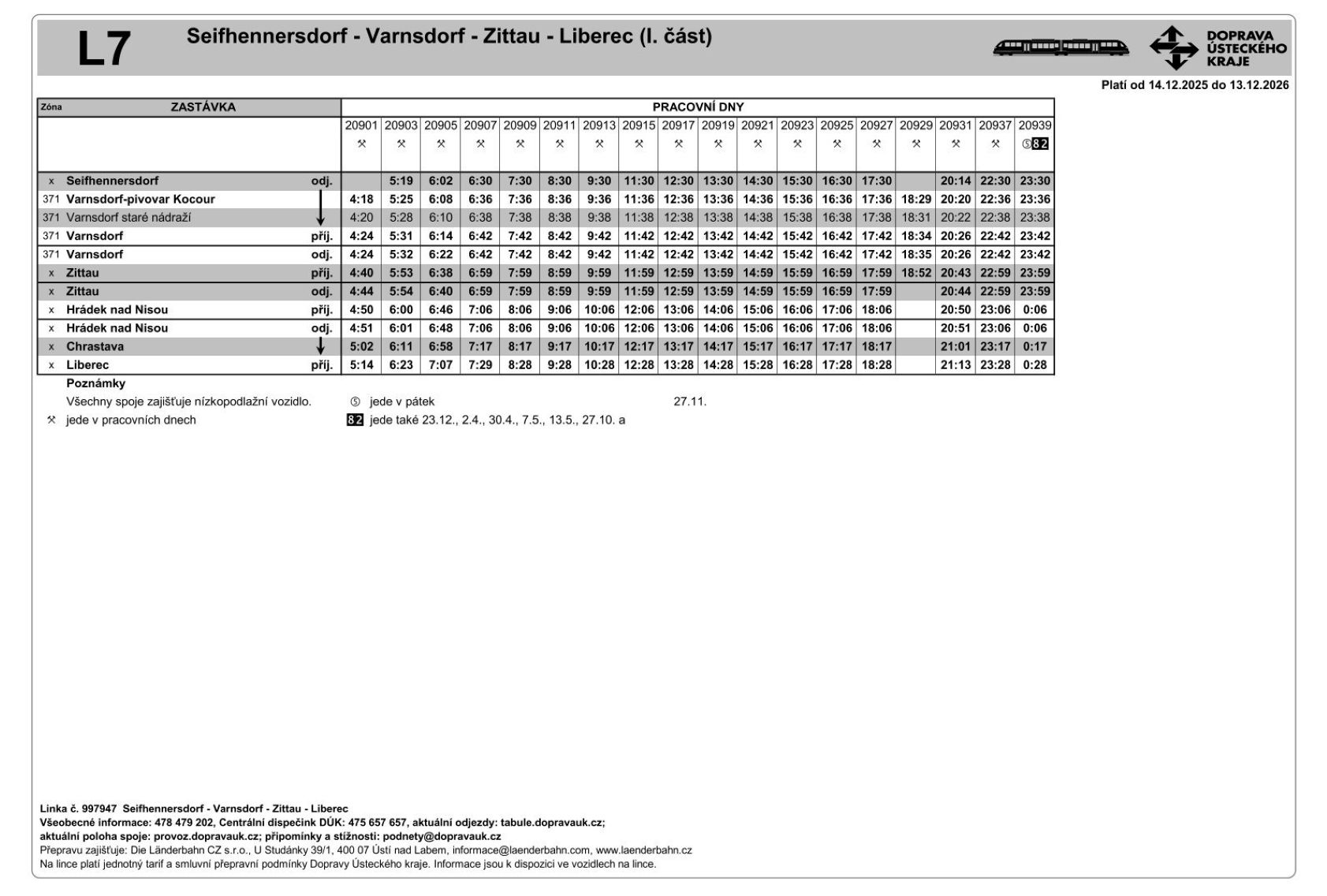 JPG: Jízdní řád linky L7 Seifhennersdorf - Varnsdorf - Zittau - Liberec