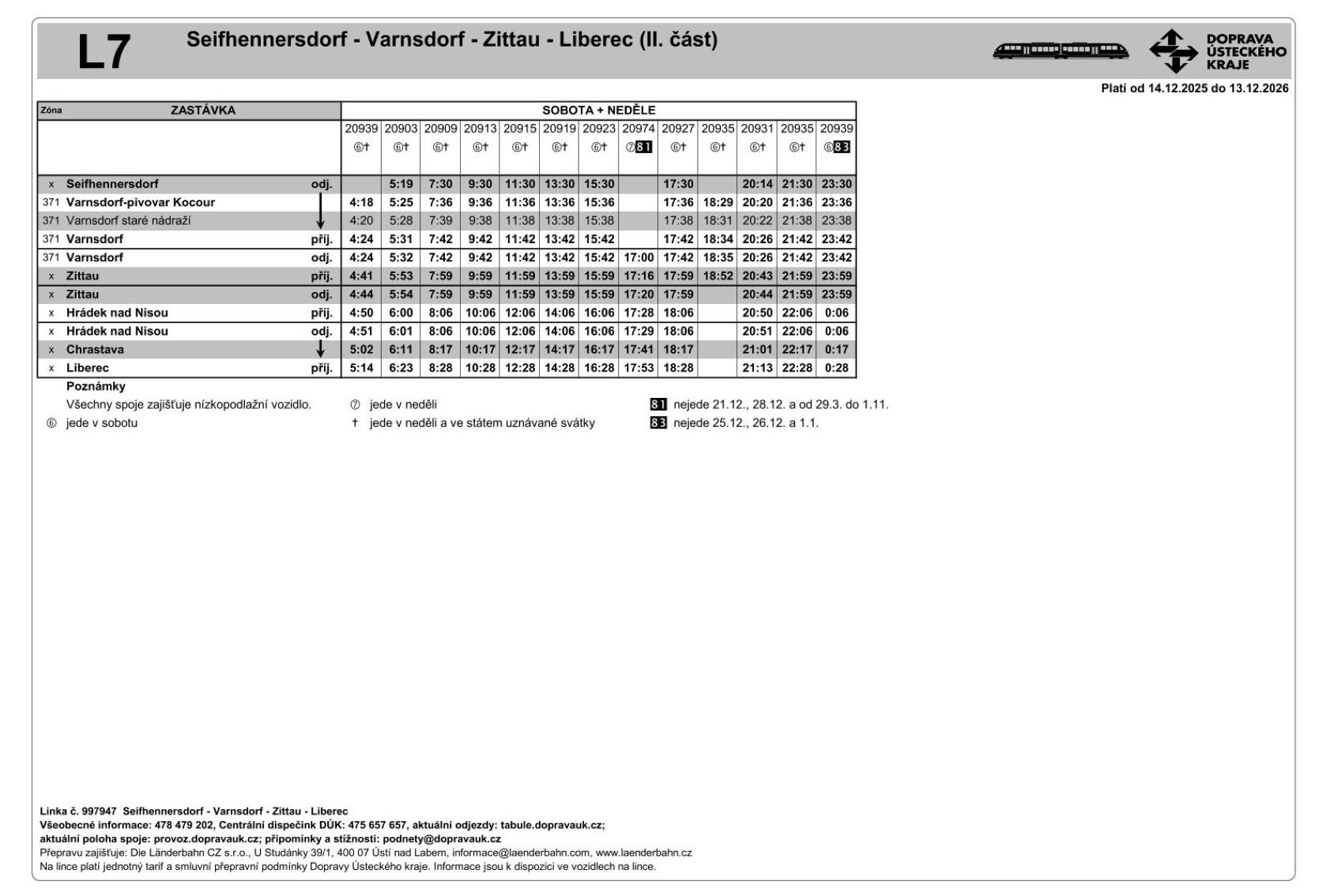 JPG: Jízdní řád linky L7 Seifhennersdorf - Varnsdorf - Zittau - Liberec