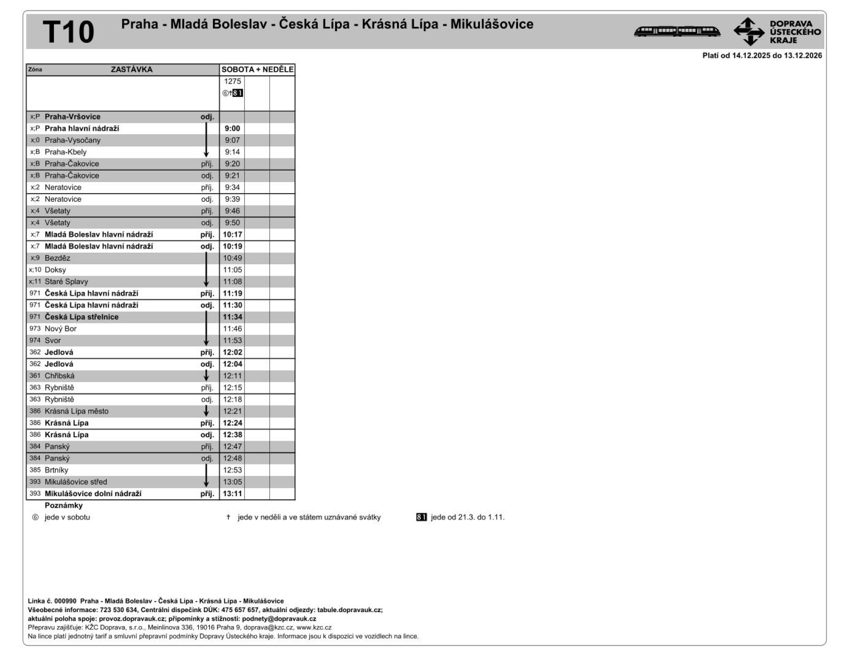 JPG: Jízdní řád linky T10 Praha - Mladá Boleslav - Česká Lípa - Krásná Lípa - Mikulášovice a zpět