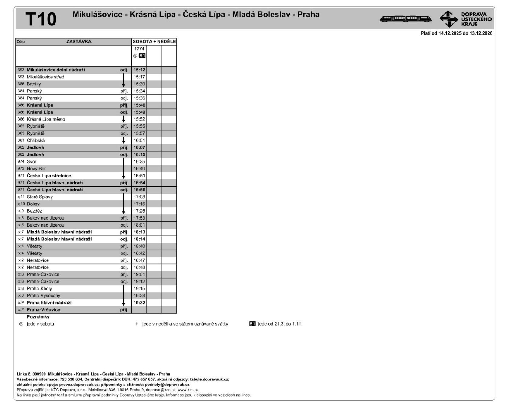 JPG: Jízdní řád linky T10 Mikulášovice - Krásná Lípa - Česká Lípa - Mladá Boleslav - Praha a zpět