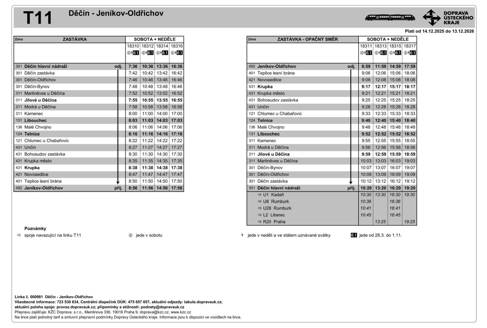 JPG: Jízdní řád linky T11 Děčín - Jeníkov-Oldřichov a zpět