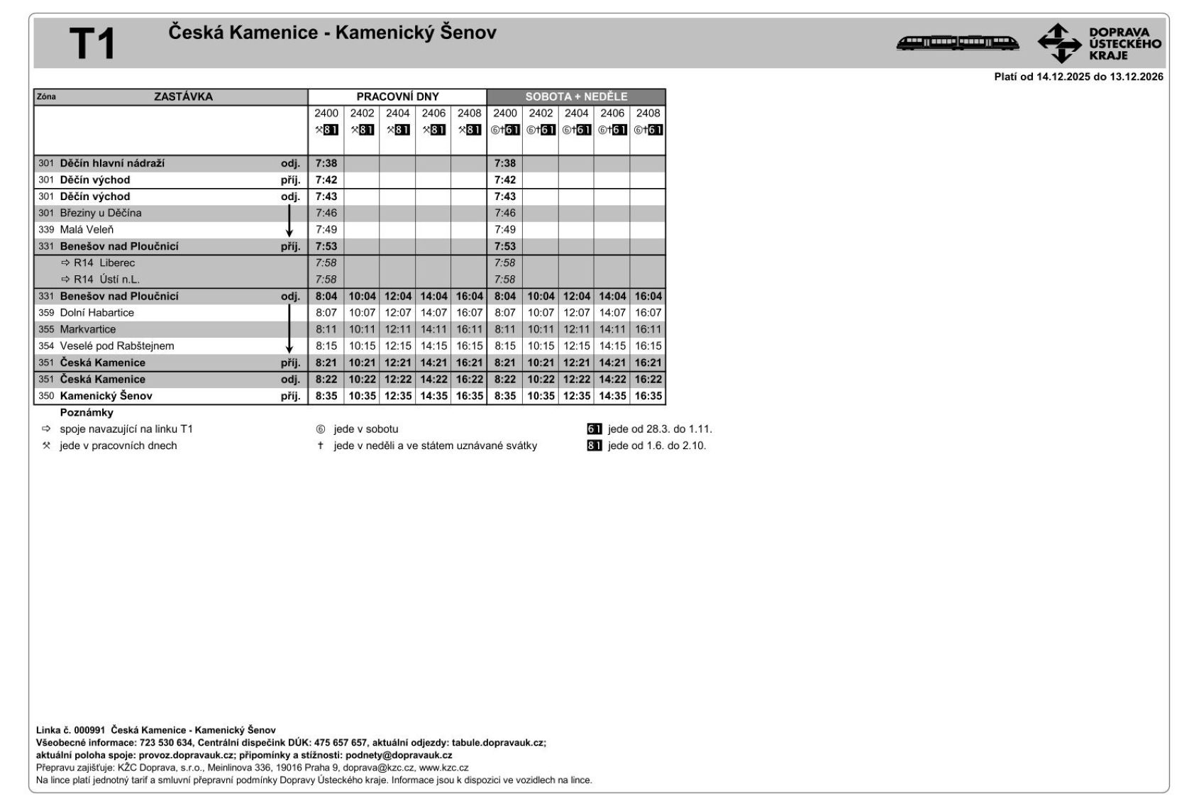 JPG: Jízdní řád linky T1 Česká Kamenice - Kamenický Šenov a zpět