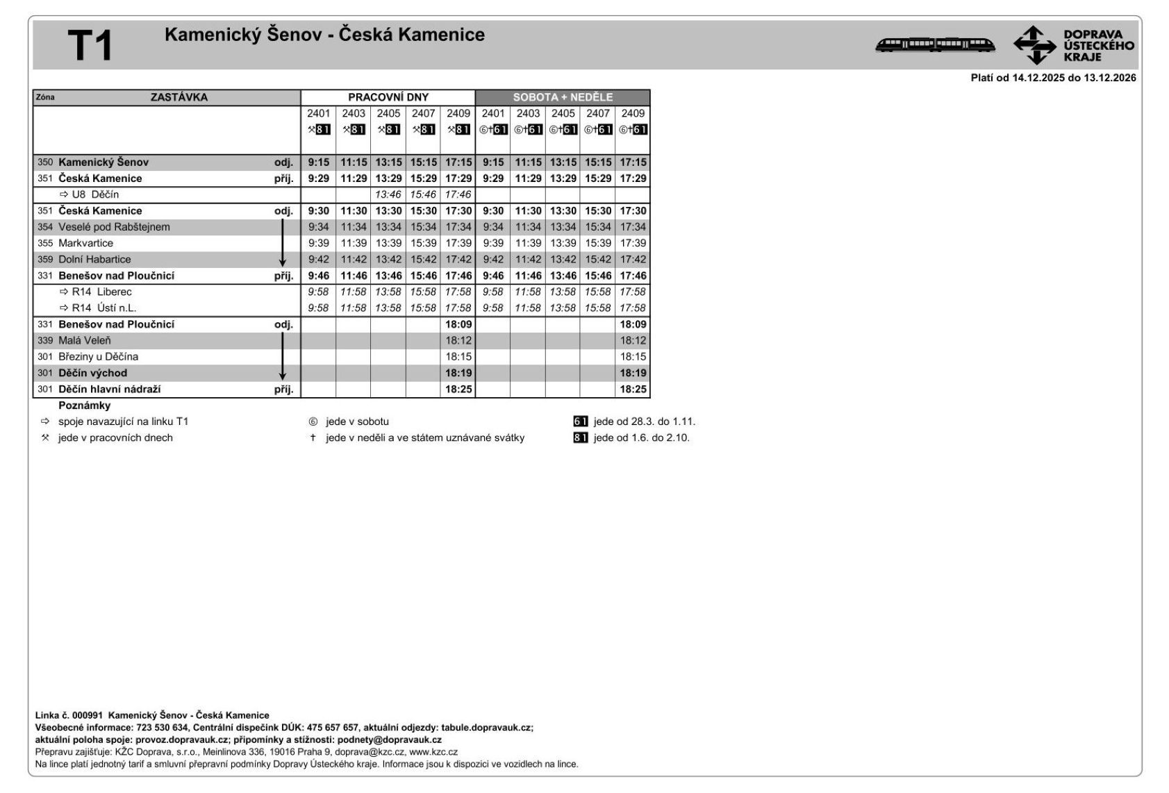 JPG: Jízdní řád linky T1 Česká Kamenice - Kamenický Šenov a zpět