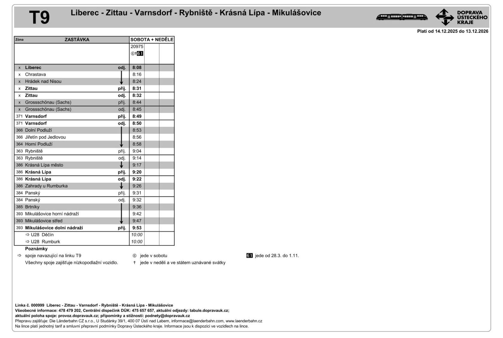 JPG: Jízdní řád linky T9 Liberec - Zittau - Varnsdorf - Rybniště - Krásná Lípa - Mikulášovice a zpět