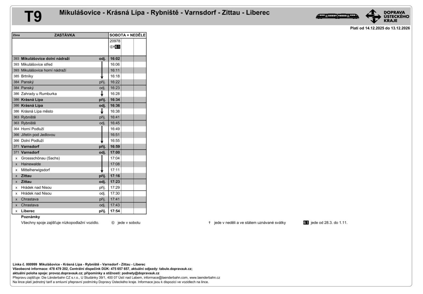 JPG: Jízdní řád linky T9 Liberec - Zittau - Varnsdorf - Rybniště - Krásná Lípa - Mikulášovice a zpět