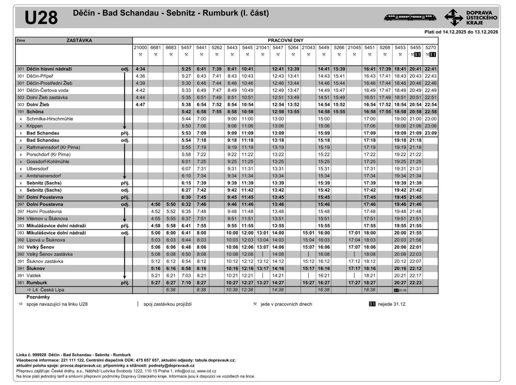 JPG: Jízdní řád linky U28 Děčín - Bad Schandau - Sebnitz - Rumburk