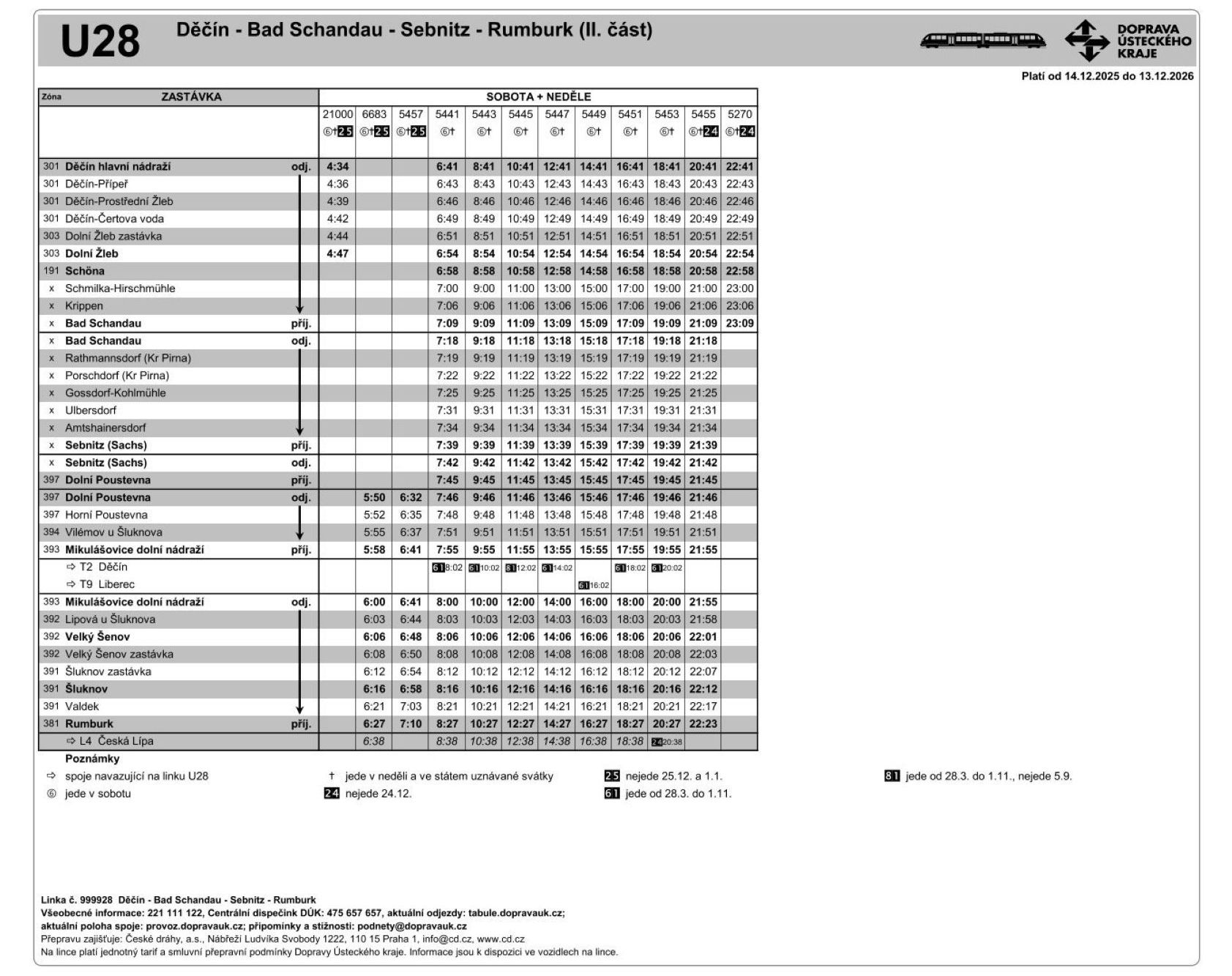JPG: Jízdní řád linky U28 Rumburk - Sebnitz - Bad Schandau - Děčín