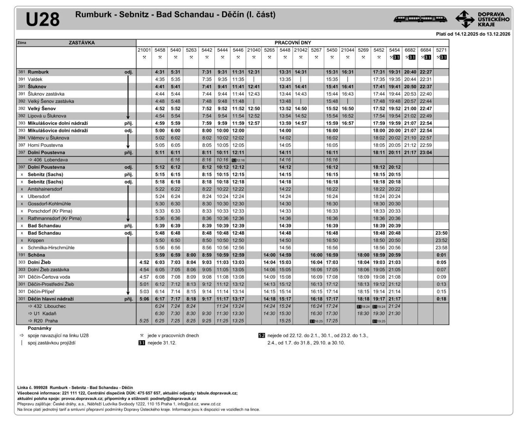 JPG: Jízdní řád linky U28 Rumburk - Sebnitz - Bad Schandau - Děčín