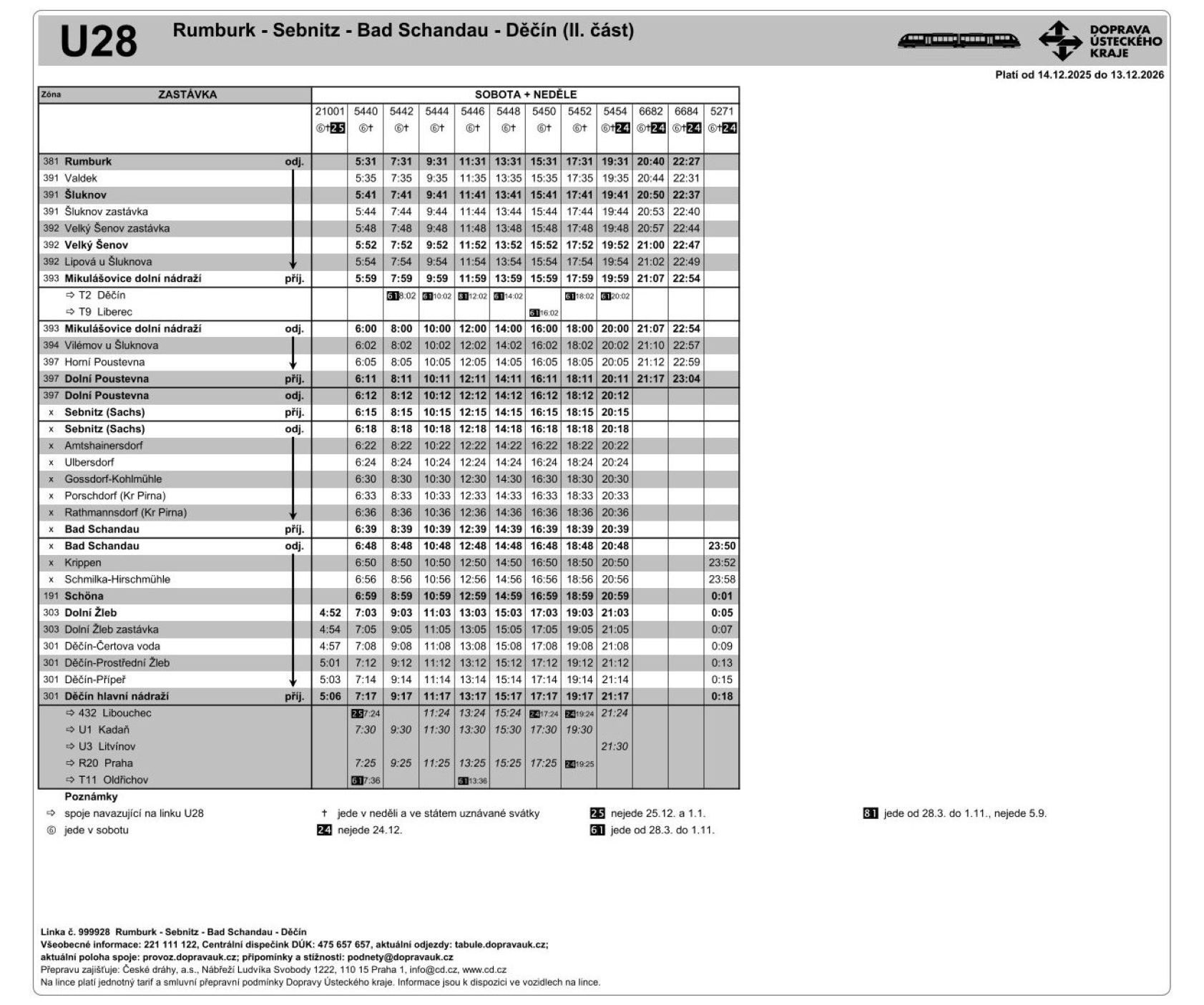 JPG: Jízdní řád linky U28 Rumburk - Sebnitz - Bad Schandau - Děčín