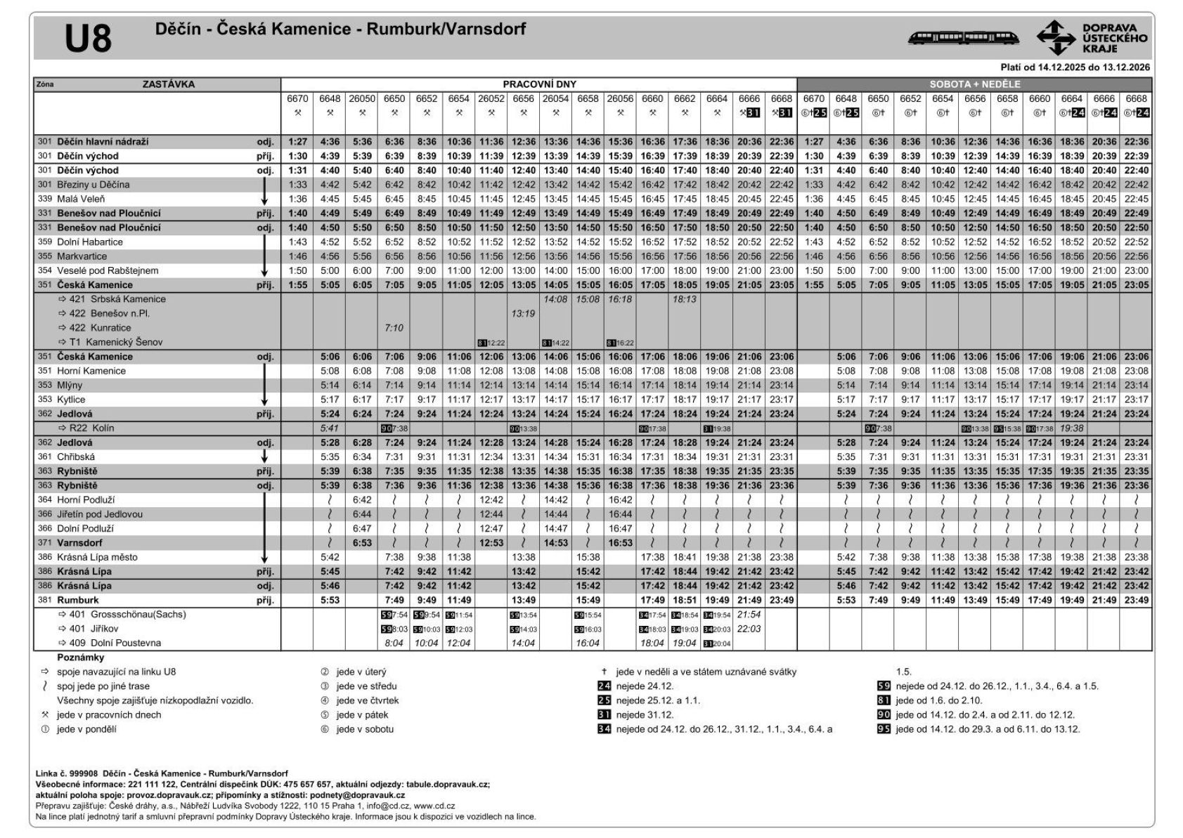 JPG: Jízdní řád linky U8 Děčín - Česká Kamenice - Rumburk/Varnsdorf