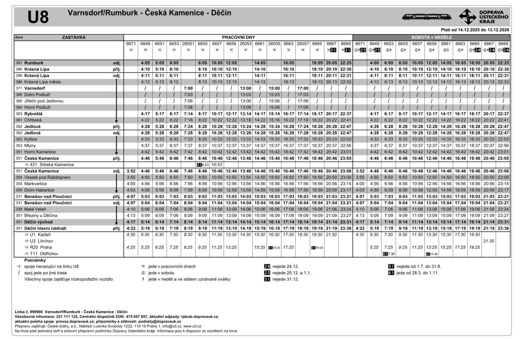 JPG: Jízdní řád linky U8 Rumburk/Varnsdorf - Česká Kamenice - Děčín