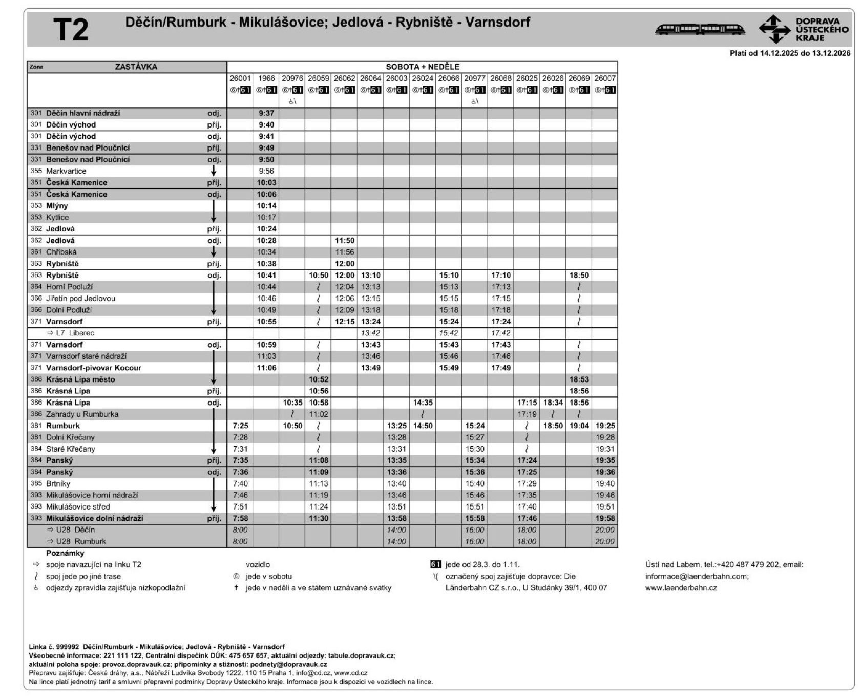 JPG: Jízdní řád linky T2 Děčín/Rumburk - Mikulášovice; Jedlová - Rybniště - Varnsdorf