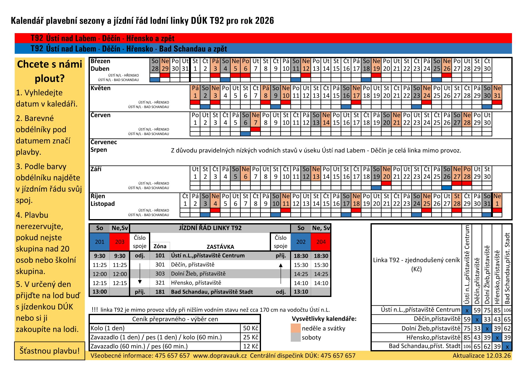 PNG: Jízdní řád linky T92 Ústí nad Labem - Děčín - Hřensko - (Bad Schandau) a zpět
